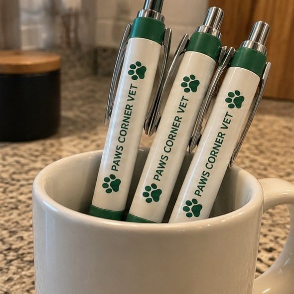 Customer photo of custom pens in a mug